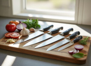 best knife for your kitchen with chef knife paring knife and bread knife on cutting board