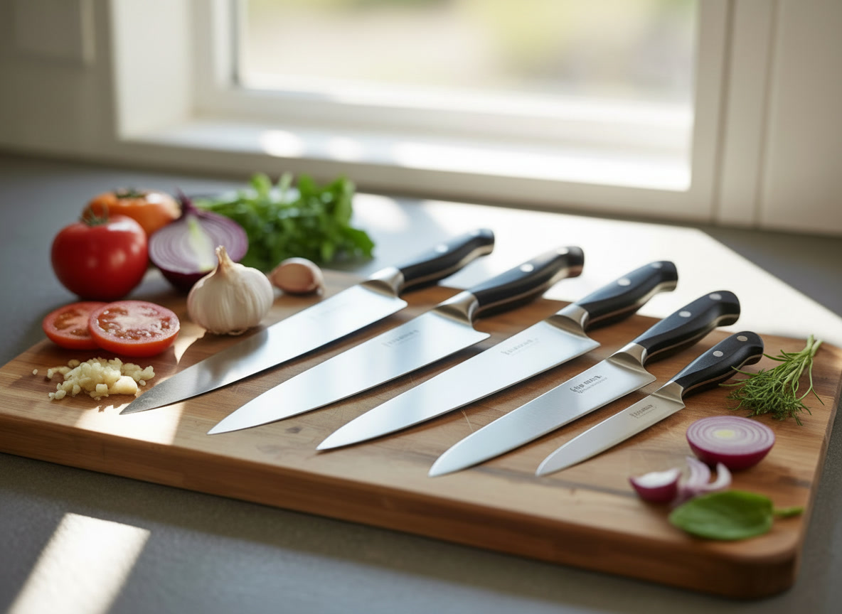 best knife for your kitchen with chef knife paring knife and bread knife on cutting board