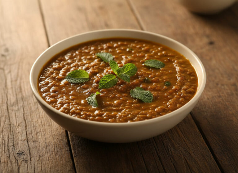 Cooked brown masar lentils in a bowl showing rich, earthy texture and whole lentils before cooking